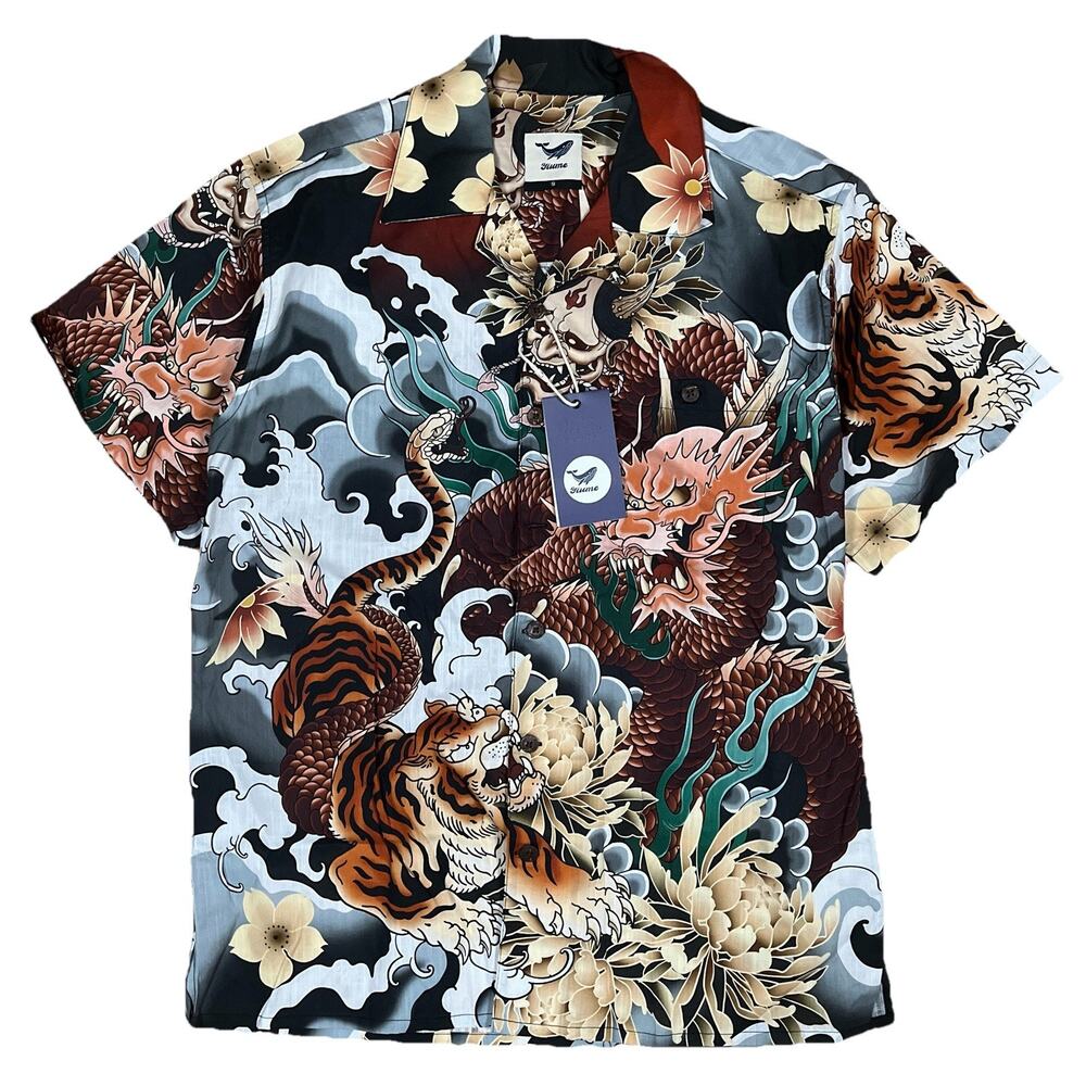 Yiume NWT Battle of the Dragons and Tigers Cotton Aloha Shirt Size Small $149